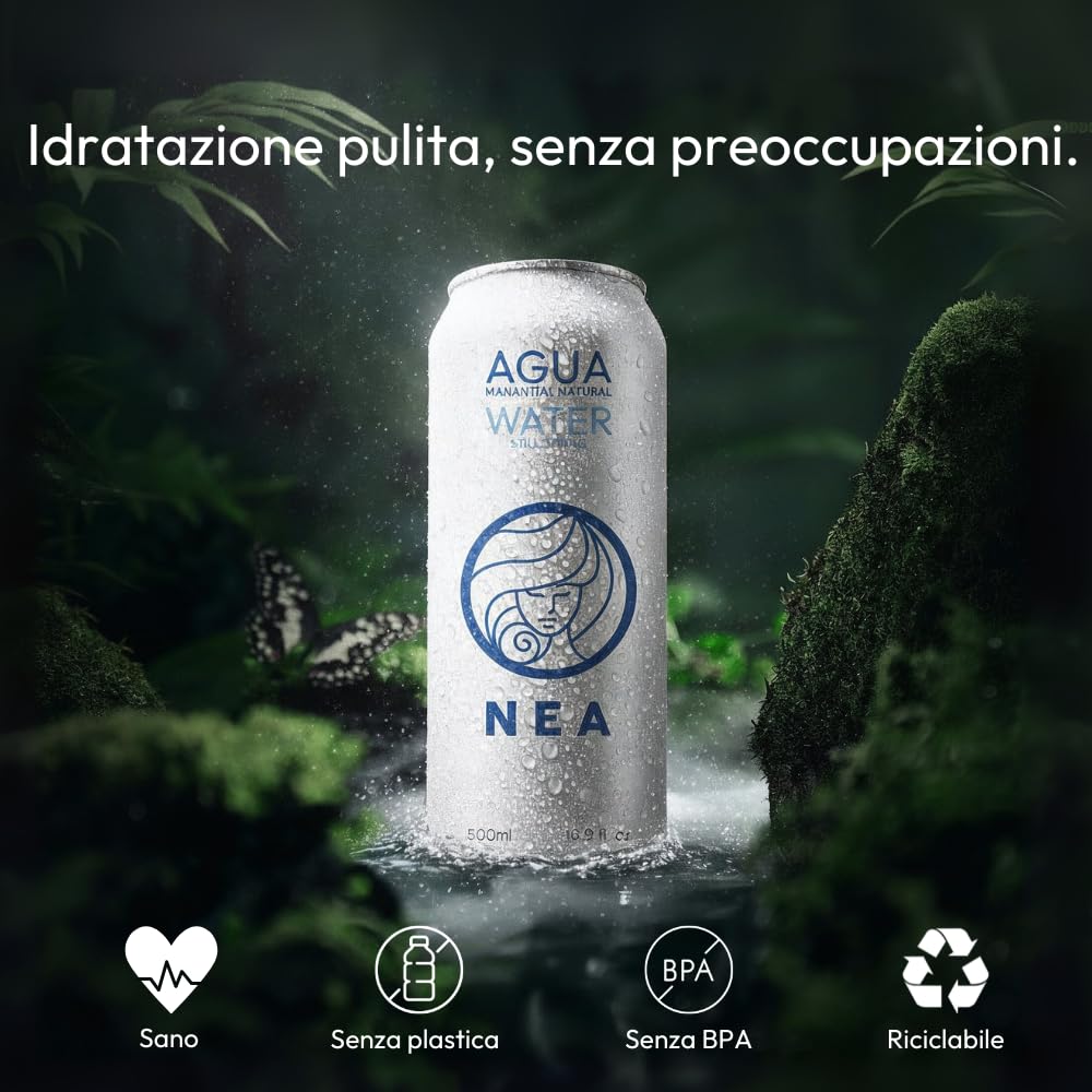 NEA Acqua Naturale di Sorgente Alpina in Lattina di Alluminio Riciclabile - Acqua Minerale Naturale Pack 24 Lattine 33cl - Senza Plastica BPA Free - Ufficio Sport Viaggio
