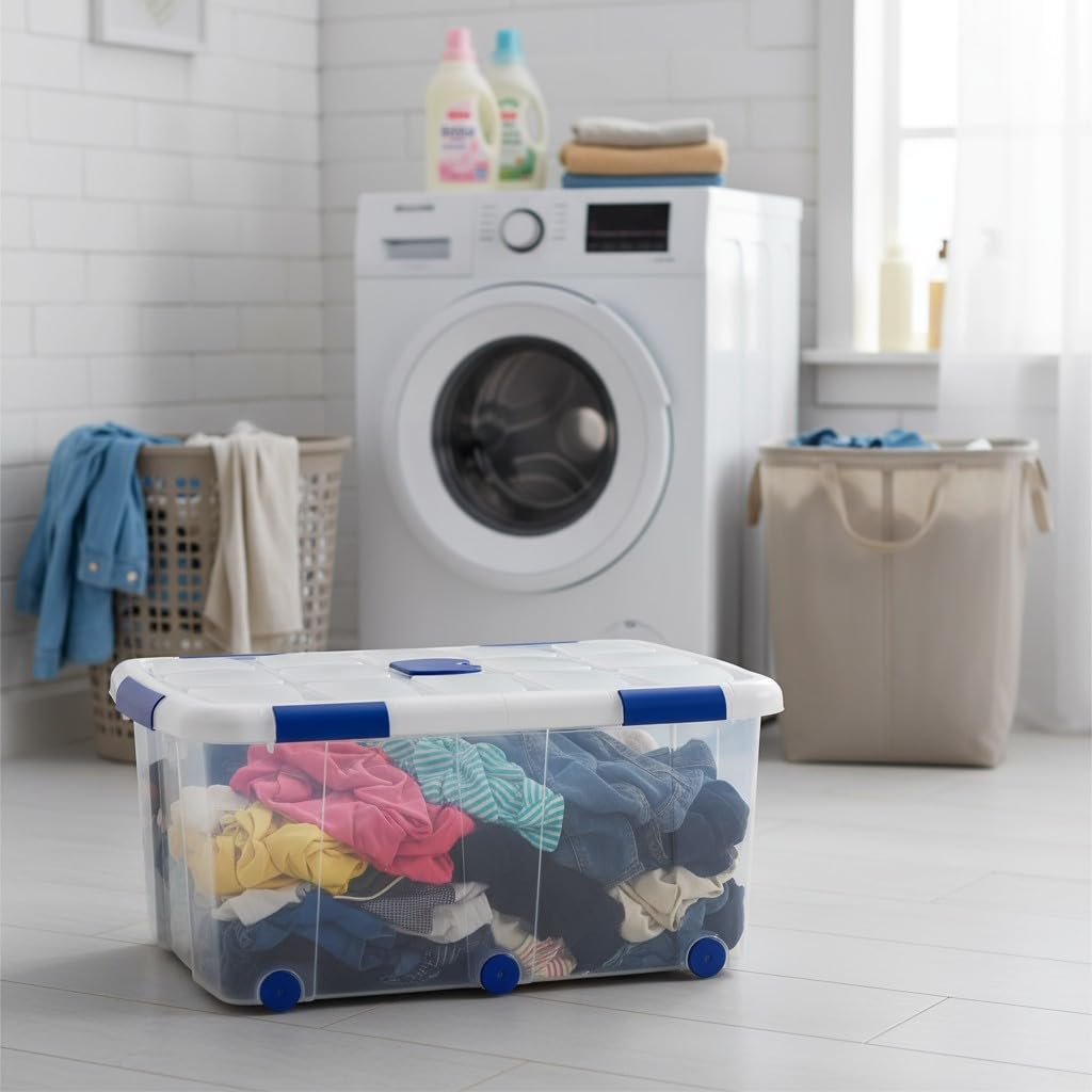 Set Caja de almacenaje pongotodo de ordenación apilable Contenedor para almacenar Juguetes, Libros, Ropa, Mantas - Capacidad 100 litros plástico Transparente (2x - 76.5x56.5x39cm)