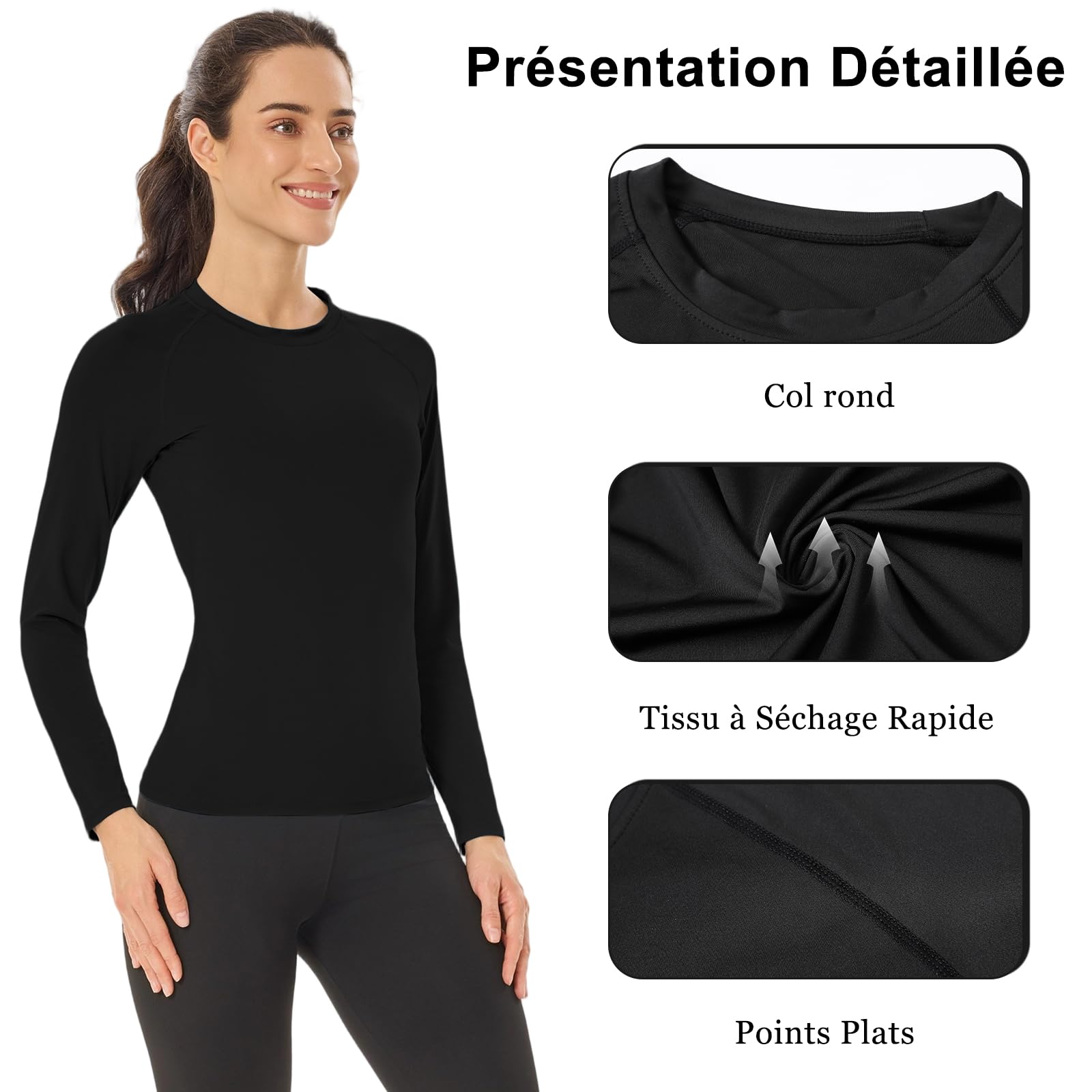 HYCOPROT Pack de 4 Hauts Thermiques Compression Femme en Coton Manche Longue T-Shirt Base Layer Top Sport Tshirt Chaud Col Roulé sous Vêtements Thermiques Décontracté pour Gym Fitness Yoga Running