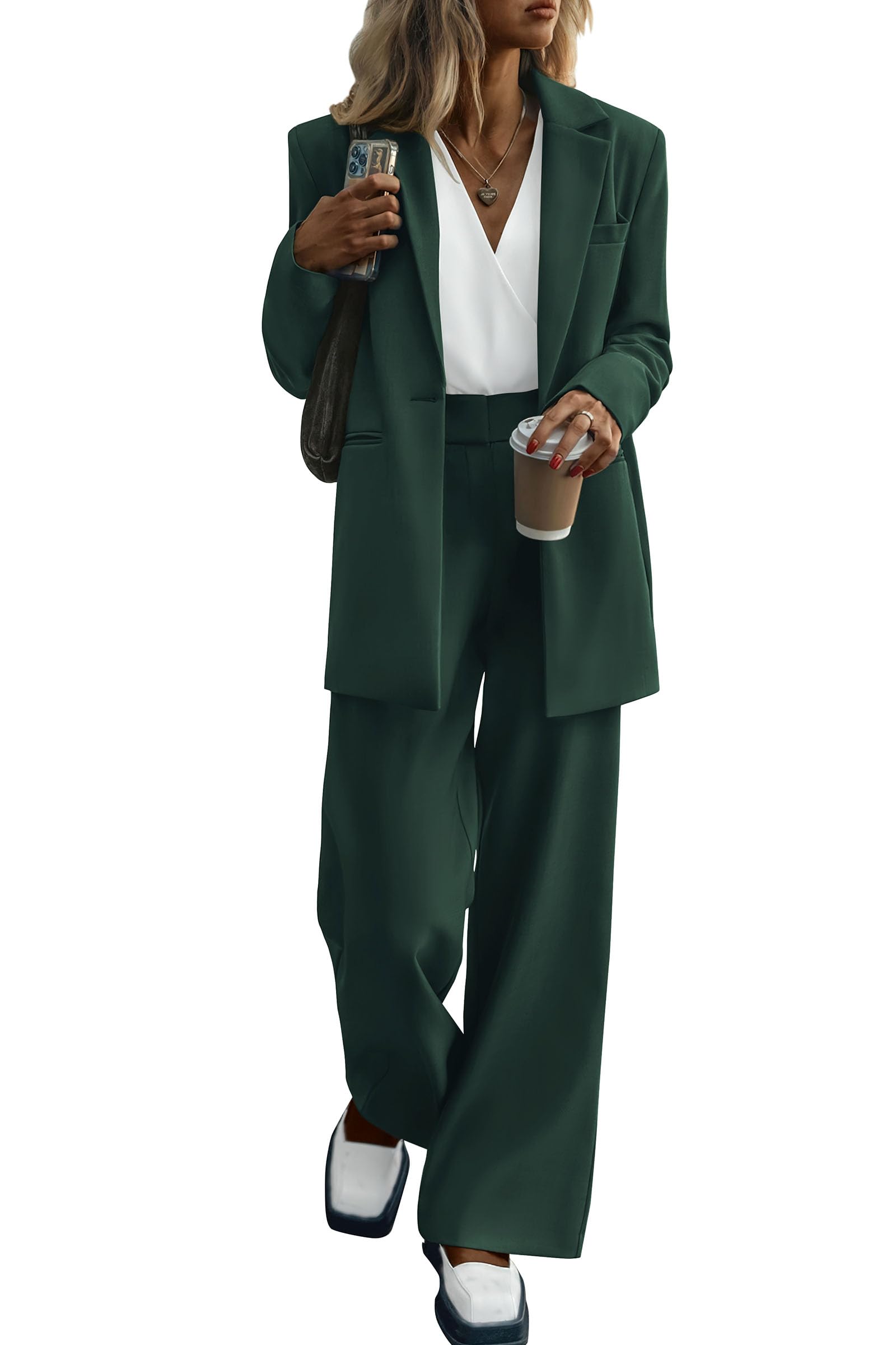 Women's Fall Two Piece Outfits Dressy Blazer Jacket and Wide Leg Pants Pockets Business Casual Office Suit Sets-image-46