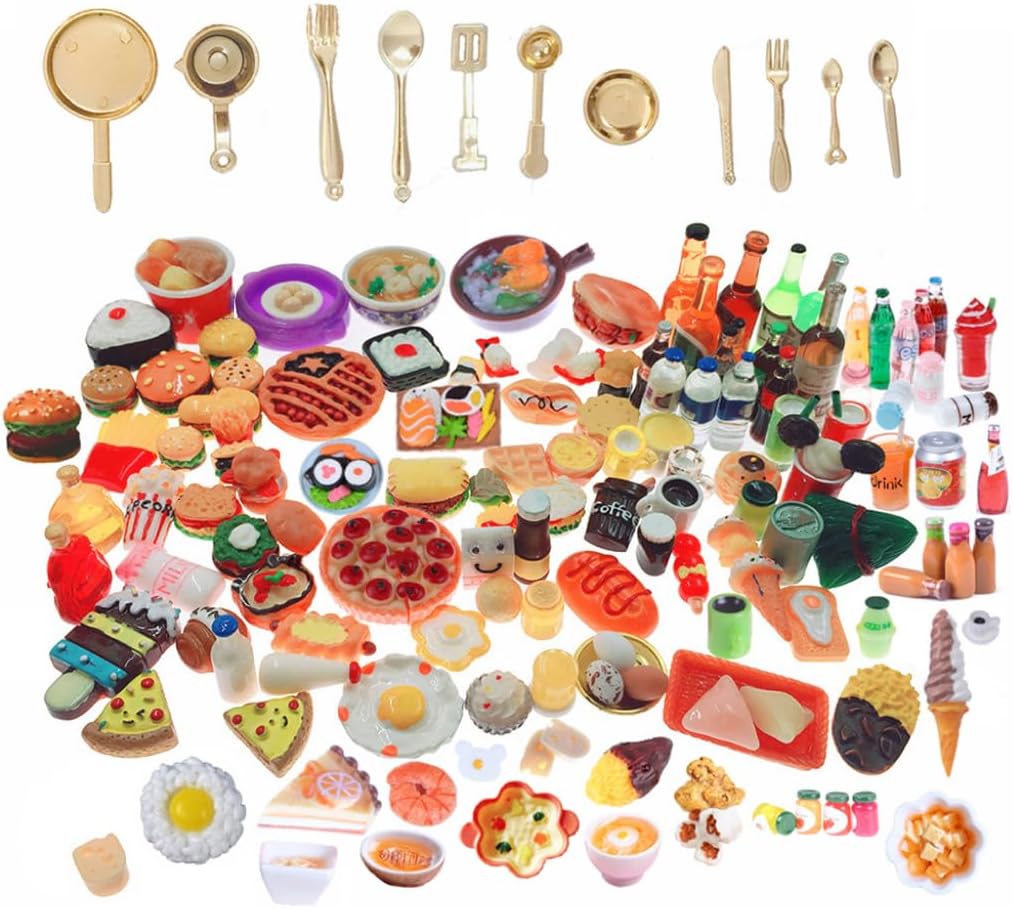Miniature Food Drinks Toys 110pcs Mixed Resin Pizza Hamburgers French Fries Wine Decoration Tableware Doll house for Adults Childrens Pretend Play Kitchen Cooking Game Birthday Party Present