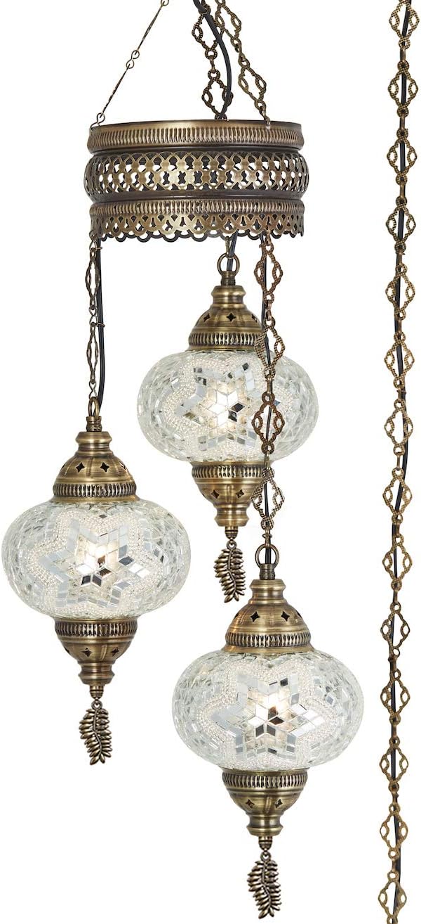 DEMMEX 3-Globe Turkish Mosaic Plug-in Chandelier, Handmade Moroccan Hanging Ceiling Lamp with 15-Foot Cord & Chain, Bohemian Decorative Pendant Light for Living Room, Bedroom, 3.5 ft (White-Clear)