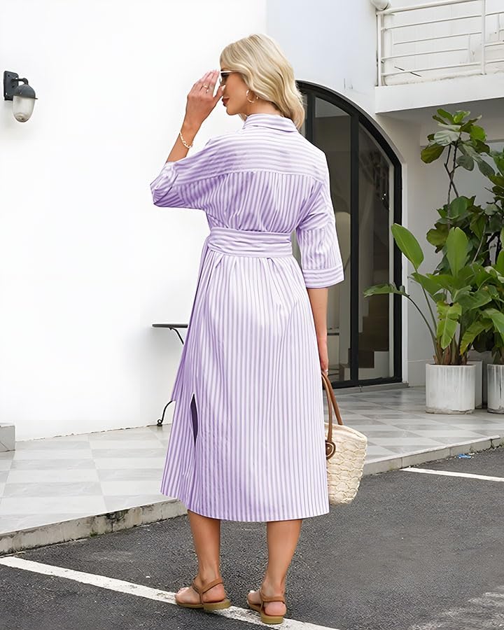 Womens Shirt Dresses Striped Lapel 3/4 Sleeve Maxi Dress Button Down Split Belted - Image 4