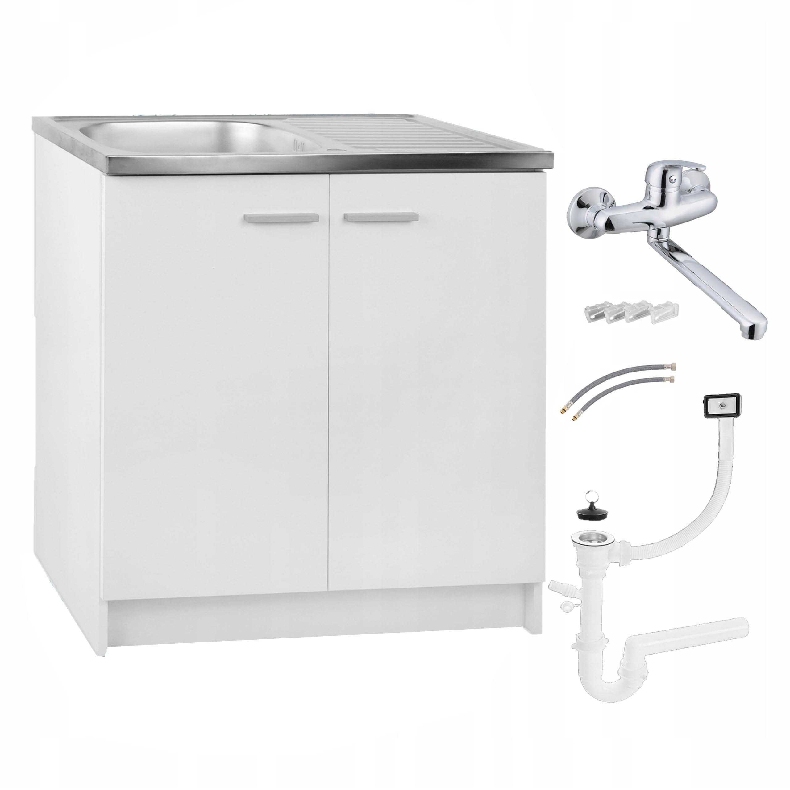 Spülenschrank Küchenschrank 80cm Weiß Spüle Edelstahl Armatur Chrom Wand Komplett Standschrank 49cm Tiefe Siphon Geschirrspüler Wandarmatur Set XXL