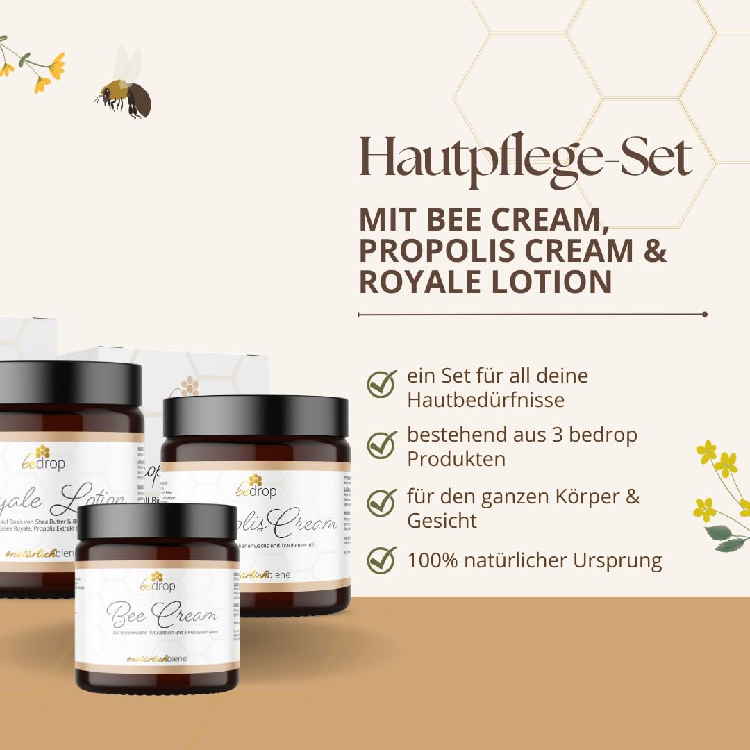 bedrop Hautpflege-Set | Bee Cream (Bienengiftsalbe) 100g + Propolis Cream (Propolis Salbe) 60g + Gelee Royale Körperlotion (Royale Lotion) 100g im Sparset