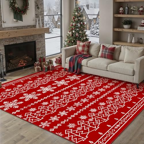 Christmas Area Rug 6x9 Red Washable Living Room Carpet Xmas Snowflake Holiday Decor Indoor Bedroom Throw Rug Decorative Non Slip Soft Low Pile Large C