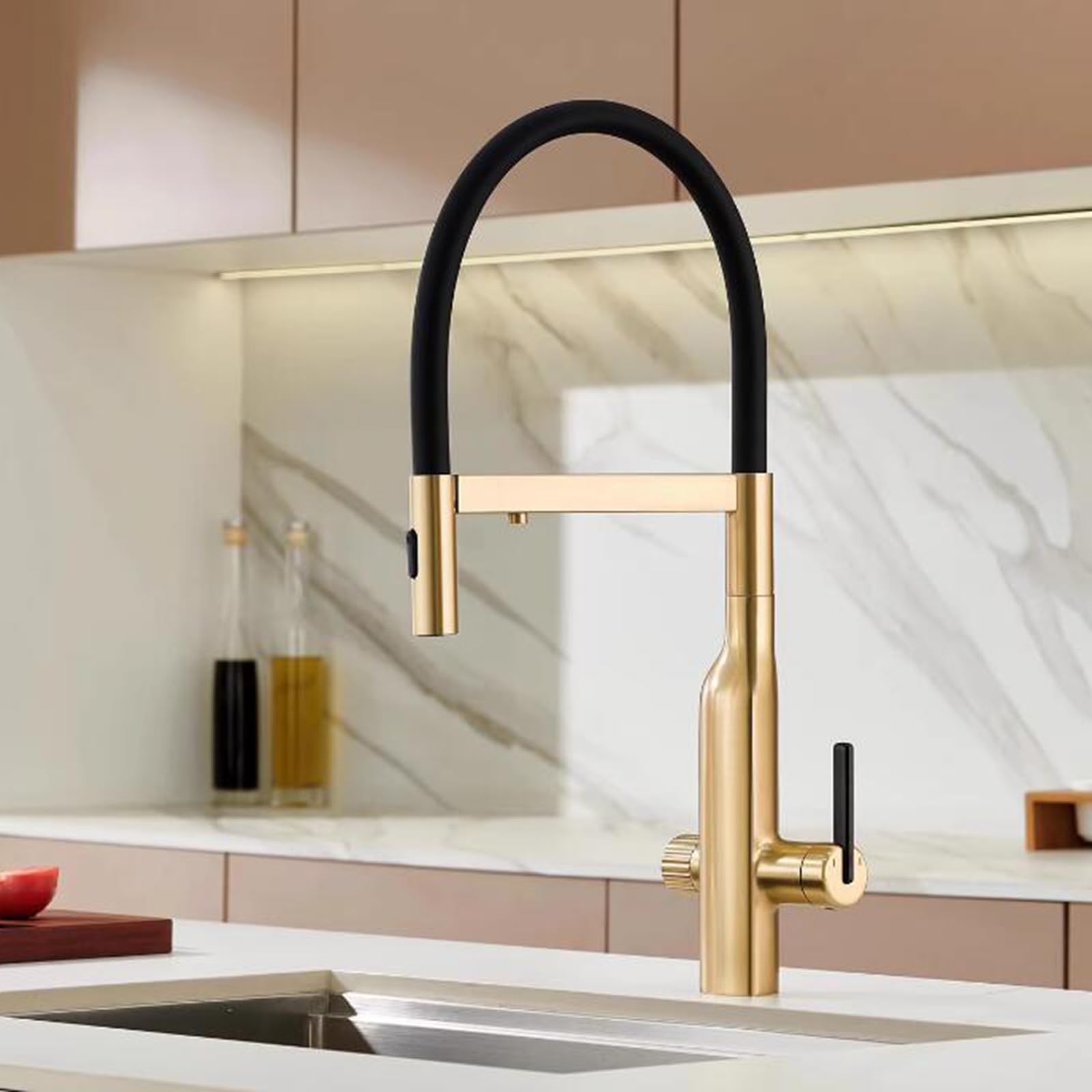 HTTGDGDH 3Way Kitchen With Pulldown Sprayer Brassrose Gold Finish Osmosis Water Filter Tap Modern Design For Home & Kitchen & Stylish,Oro Cepillado