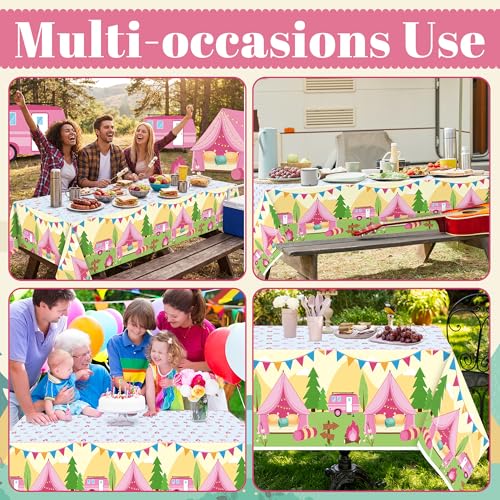 Image of Table Cover Party Decor - 3 Pack Pink Camping Themed Disposable Plastic Rectangle Table Cloths Birthday School Christmas Holiday Party Favors Classroom Decoration Supplies Games Activities