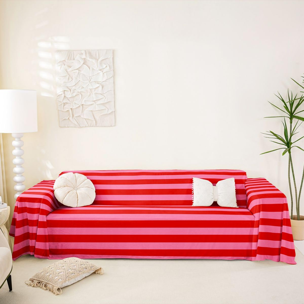 Homewish Funda de sofá a rayas rosas y rojas de 180 x 340 cm para 2, 3 y 4 plazas