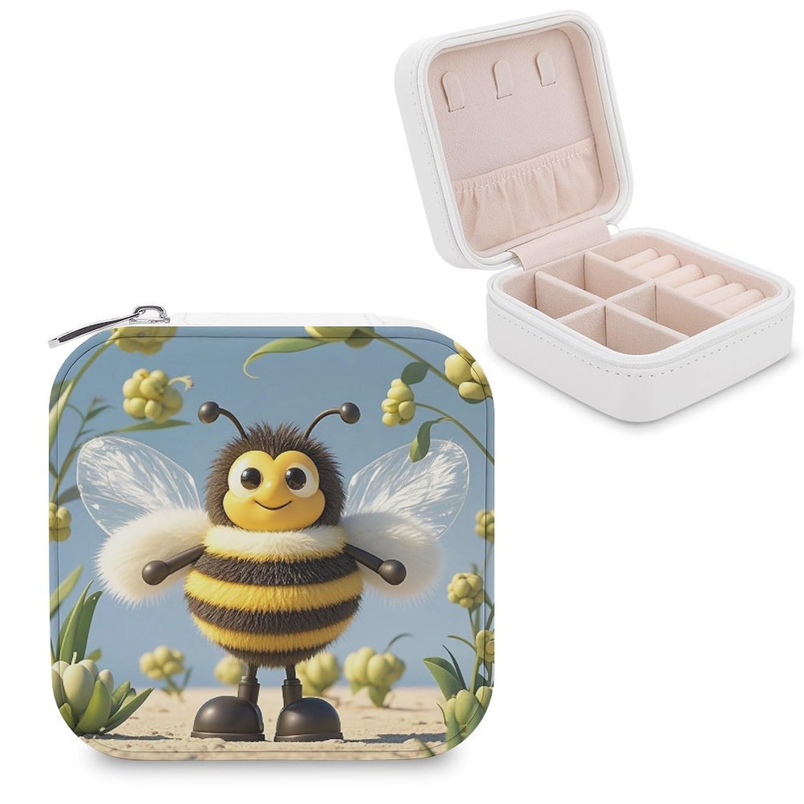 FekiLoot Cute Cartoon Bee Jewelry Case Personalized Leather Jewelry Box Mini Travel Jewelry Case Small Portable Jewelry Organizer for Ring Earrings Necklace Bracelet