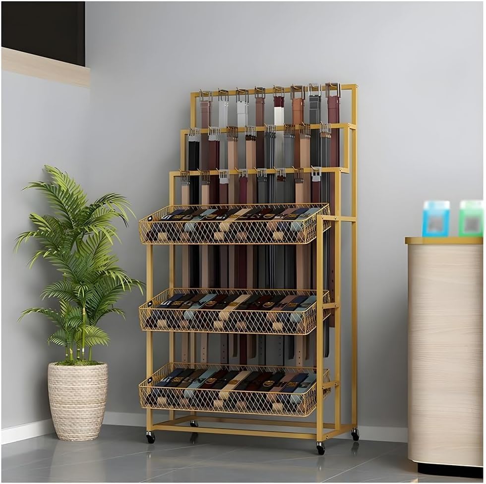 Multifunctional Sock Accessories Organizer, Belt Hangers Retail Rack with Hooks, Supermarket Shelves with 3 Storage Basket and Locking Wheels, for Stores/Stationery/Clothing Shops(Gold,80x45x150 cm)