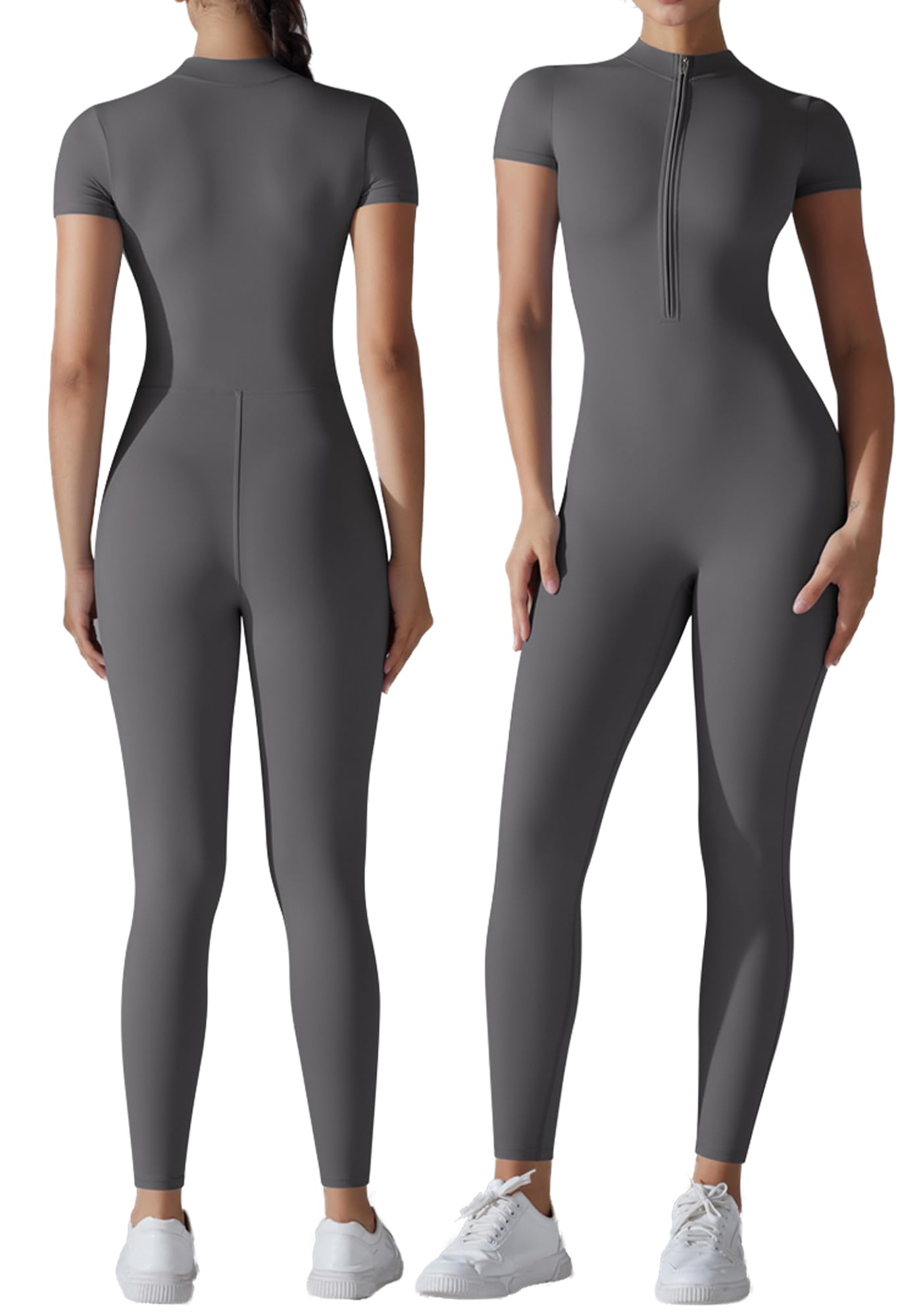 SEAUR Enterizo de yoga para mujer, body deportivo de manga corta, traje de fitness, ropa deportiva, gimnasio, yoga, entrenamiento, gris, S