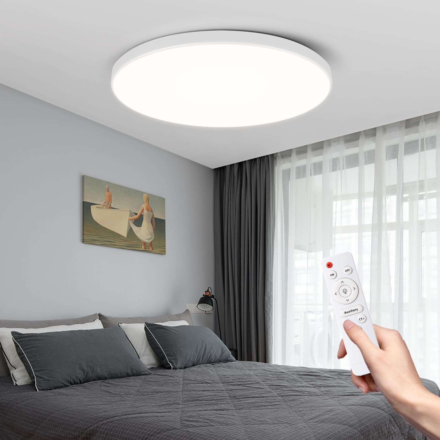 CANMEIJIA Led Ceiling Light, 30W 1700LM Bathroom Lights Ceiling, 3000-6500K Remote Control, IP44 Protection, Timer & Memory Infinitely Dimmable, For Bedroom Kitchen Living Room (White)