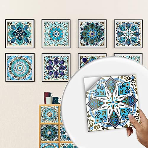 24pcs Moroccan Tile Stickers 15x15cm Blue Bathroom Tile Stickers for Kitchen Transfers Cover Stick On Wall Peel and Stick Tile Decals Waterproof 6"x6"