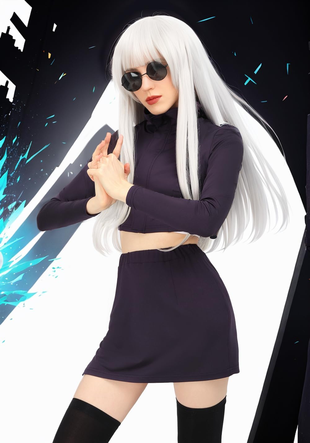 C-ZOFEK Anime Cosplay Women Purple Halloween Costume Crop Top Split Skirt with Glasses - Image 3