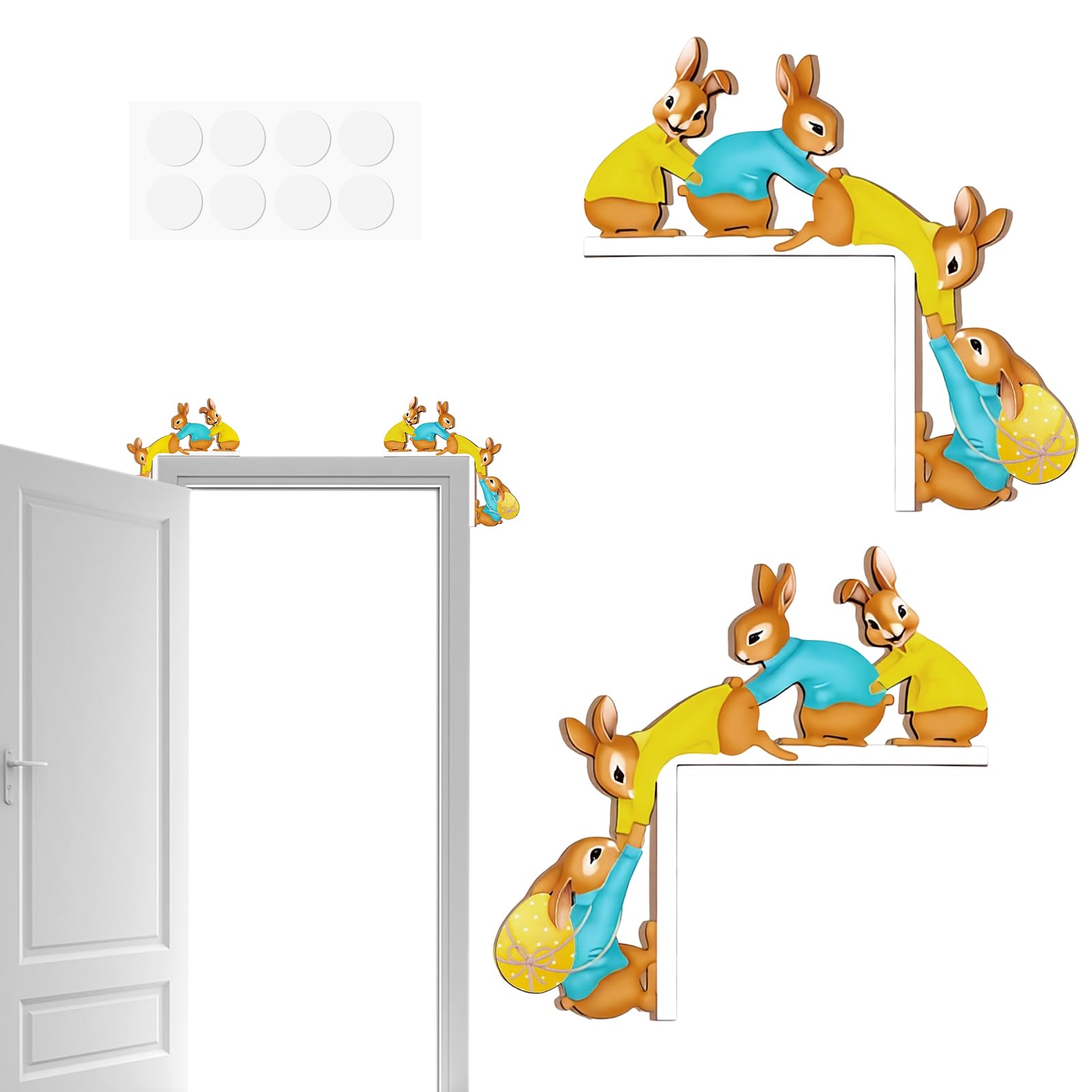 HERKINDNESS 2 Stück Türrahmen Deko Osterhase, Hasenmotiv Osterdeko Türrahmen, Osterdeko Türecken mit 8 Stück Doppelseitigem Klebeband, Osterdekorationen aus Holz für Türen, Fenster, Kühlschrank