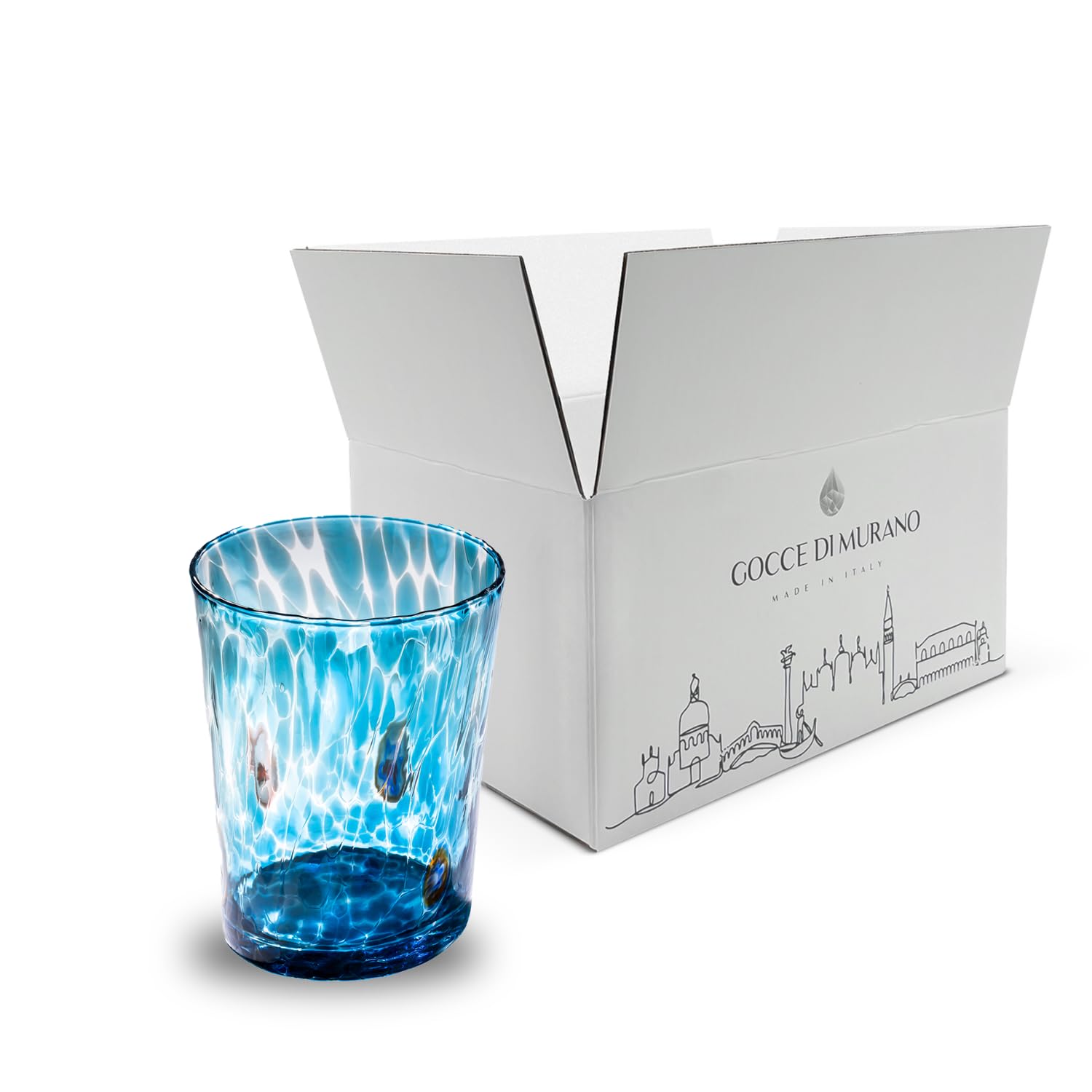 Gocce di Murano Lot de 6 verres à eau fabriqués selon la tradition des artisans de Murano, verre soufflé et travaillé à la main, 300 ml, verres à eau en verre arc-en-ciel pluie