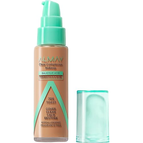 Almay Clear Complexion Acne Foundation Makeup with Salicylic Acid - Lightweight, Medium Coverage, Hypoallergenic, Fragrance-Free, for Sensitive Skin, 705 Toast, 1 fl oz.