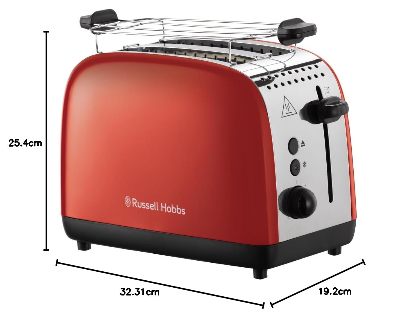 Russell Hobbs Tostadora Colours Plus, 2 Ranuras Cortas y Anchas, Tostador para 2 Rebanadas, Bandeja Recogemigas, Calientapanecillos, Función Cancelar y Descongelar, Acero Inoxidable, Rojo, 26554-56