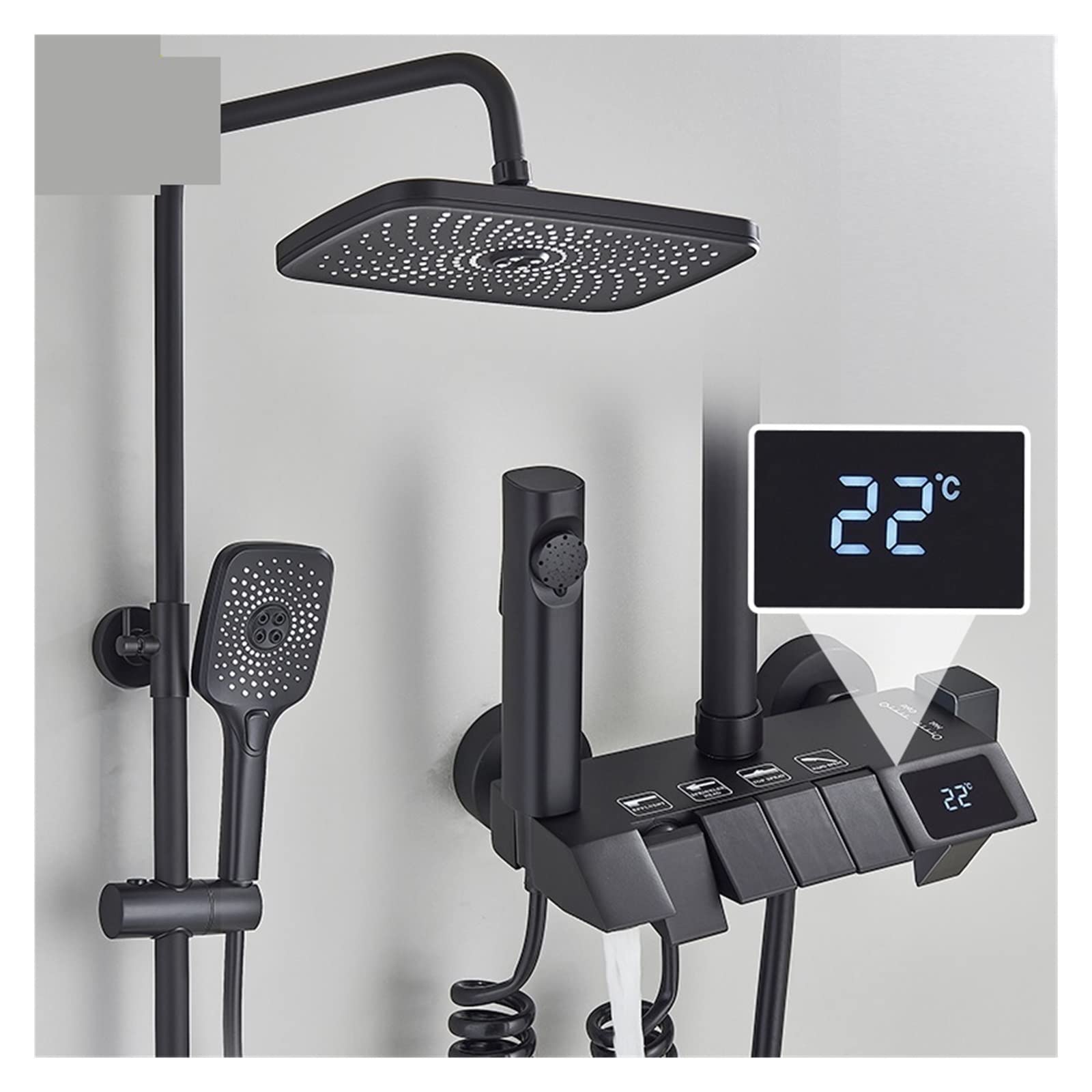 Set Doccia con Display Digitale for Pianoforte Nero Rubinetti for Bagno a 4 Vie Rubinetto a Cascata Calda e Fredda Doccia a Pioggia(Black Hot Cold)