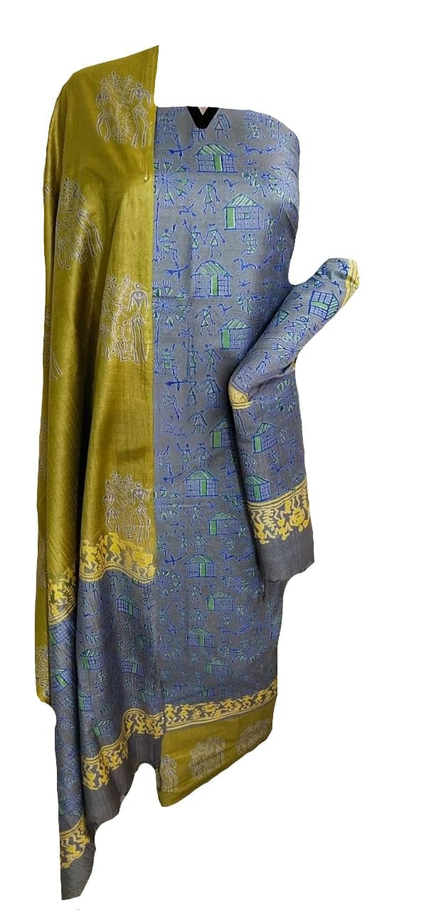 Women Bhagalpuri Katan Silk Unstitched Suit Dress Material Hand Block Discharge Print Salwar Suit Set with Top Bottom Dupatta Each for Women and Girls (2.5 M) Code -382-image-15