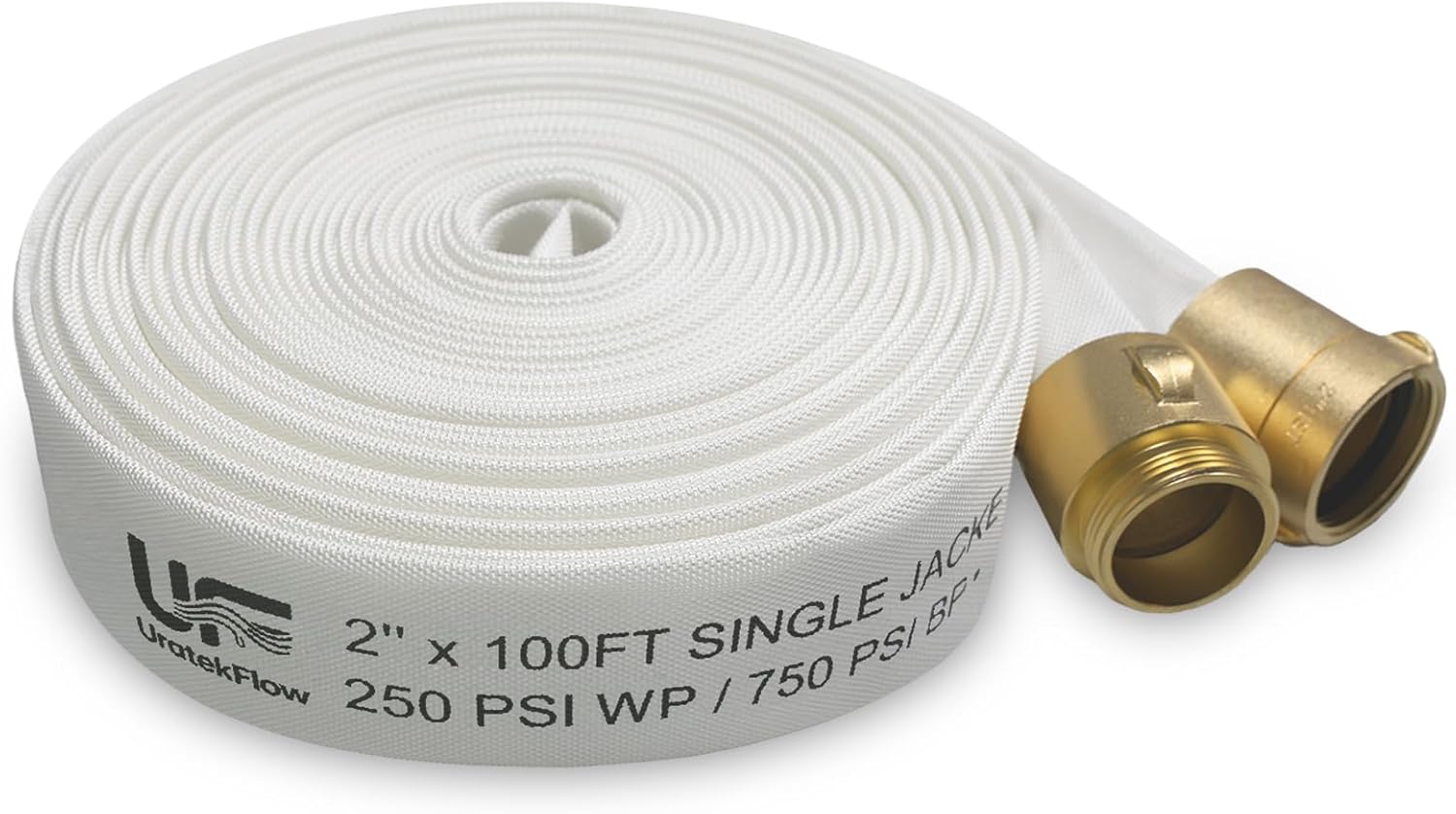 Fire Hose 2" ID x 100 FT, Single Jacket TPU Lined Firefighter Hose, 250 PSI Working / 750 PSI Burst, M x F NST/NH Brass Couplings, Lightweight & Durable
