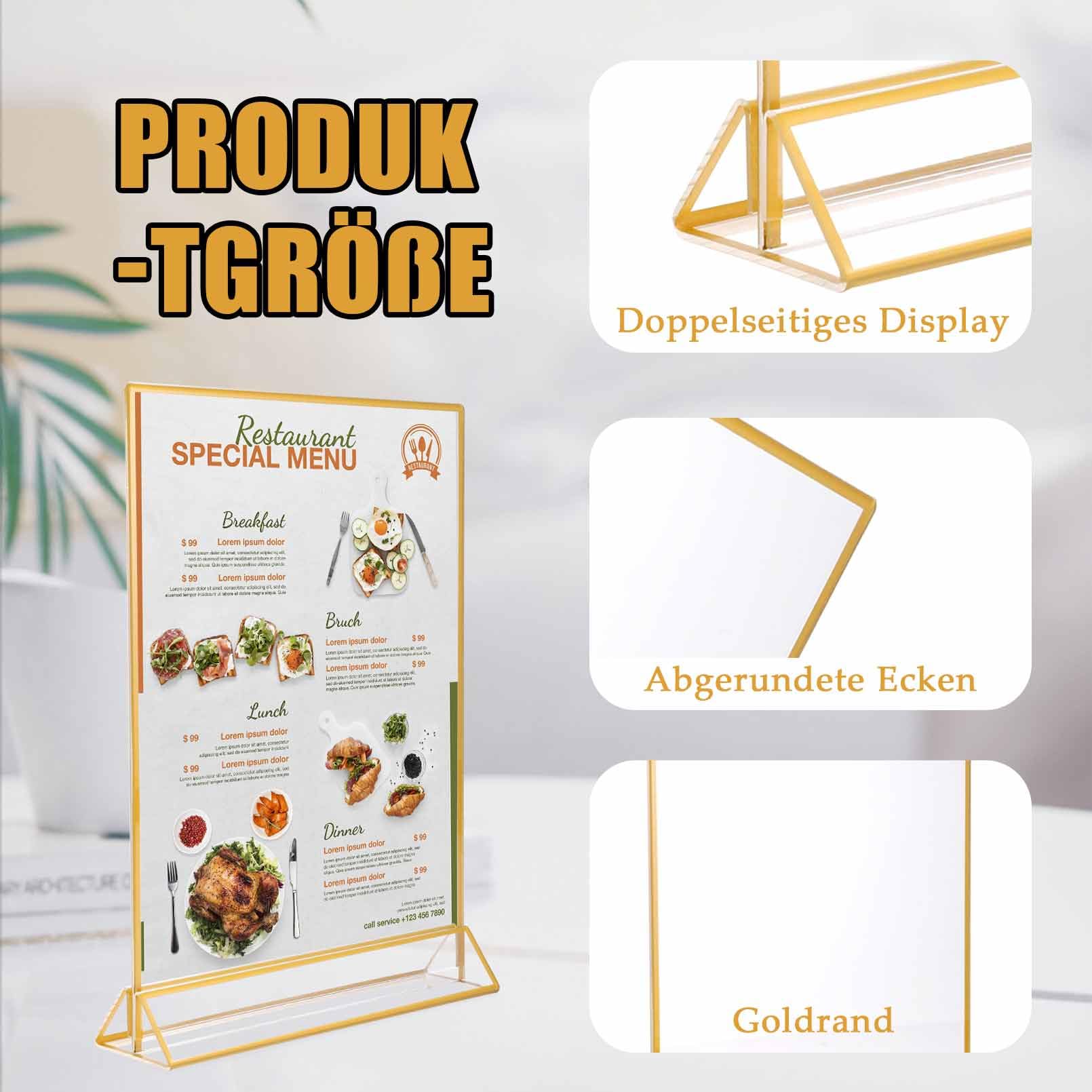 4 Stück Acryl Schilderhalter mit Goldrand,A4 Bilderrahmen mit Goldenen Rändern und Vertikalem Ständer,Tischaufsteller A4,Doppelseitige Bilderrahmen Gold für Hochzeitsti Schnummern,Restaurant