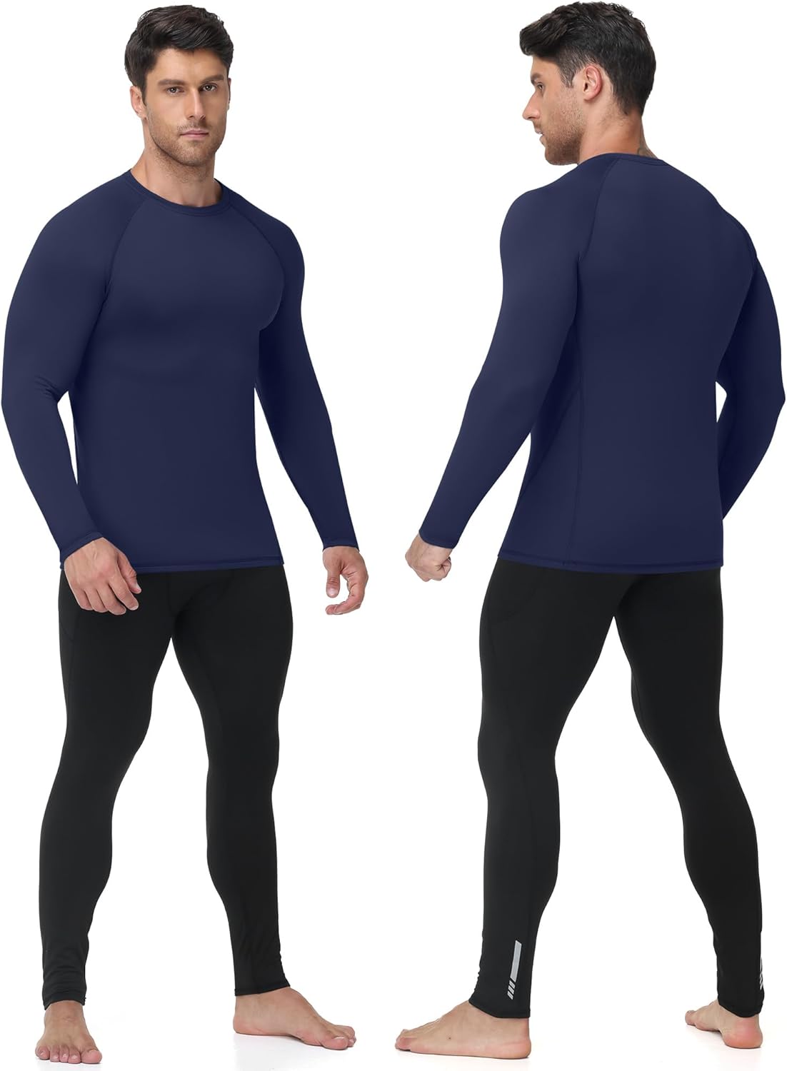 Men's Thermal Compression Undershirt Long Sleeve Fleece Lined Running Shirts Lightweight Athletic Base Layer Top for Winter Cold Weather Navy Blue L - Image 2