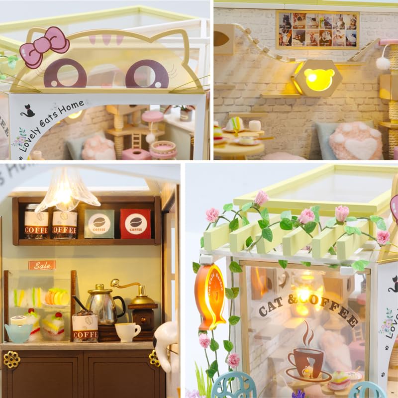Kit fai da te Cat Cafe in miniatura per casa delle bambole con luce a LED, scala 1:24, fatto a mano, gatto, caffè, giardino, casa delle bambole, regalo di compleanno creativo per adolescenti (casetta