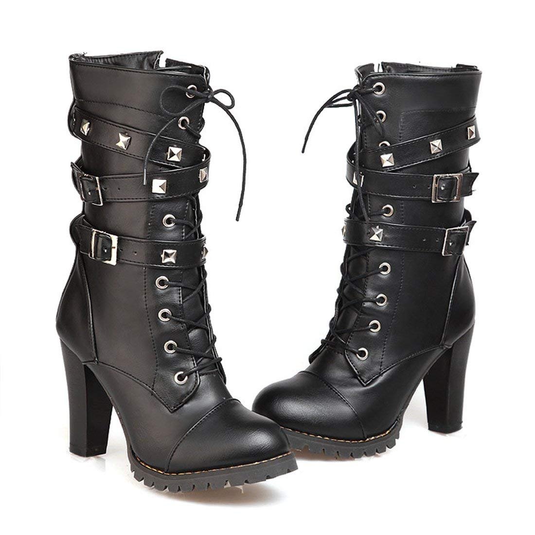Women Ankle Boots Chunky High Heel Motorcycle Autumn Booties Lace Up Strappy Stud Punk Shoes with Buckle