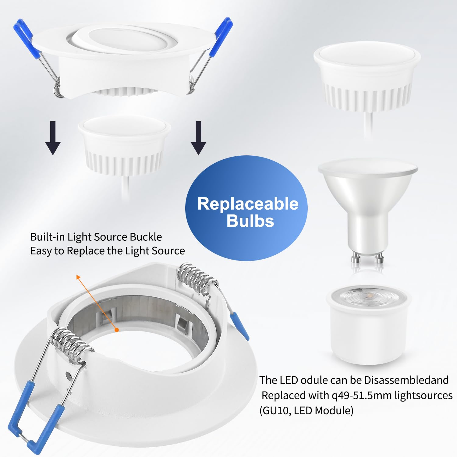 YindaLux Reflektor LED 5 W do zabudowy, płaski, 68 mm, IP44, 3000 K/4000 K/6500 K, oświetlenie punktowe do łazienki, możliwe ściemnianie, obracane sufitowe