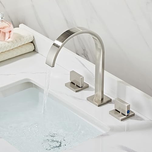 Miniatura 2 de YANNLII Grifo de lavabo de baño de cascada de níquel cepillado, grifo de lavabo de dos asas, grifo mezclador de lavabo de 20,6 a 16.0in