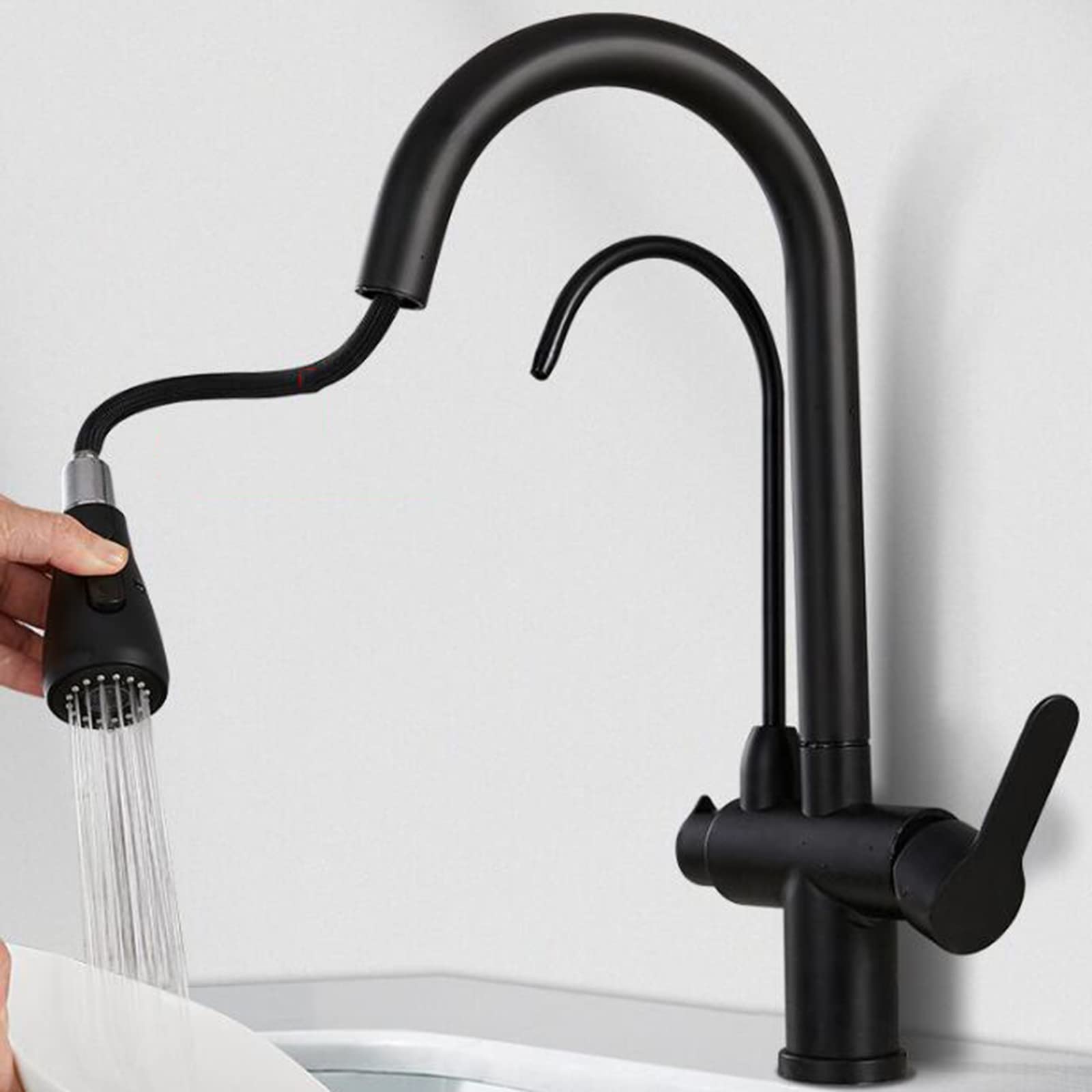 Rubinetti da cucina a 3 vie con doccetta estraibile, rubinetto da cucina Rubinetto depuratore d'acqua in acciaio inossidabile Girevole multifunzione 3 in 1 Rubinetto for lavello da cucina Nero