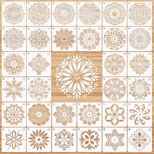 MWOOT 32 Pièces Mandala Painting Stencil,DIY Plástico Floral Plantilla para Pintar Reutilizable Template de Dibujo,Plantillas para Pintar en Piedra Roca Tela Parede Lienzos Decoración (12x12 CM)