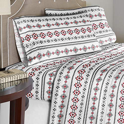 Pointehaven F180TXSHTSAZ Baumwoll-Flanell-Bettwäsche-Set, 180 g/m², Doppelbett, XL, Aztekenmuster, Rot Cover