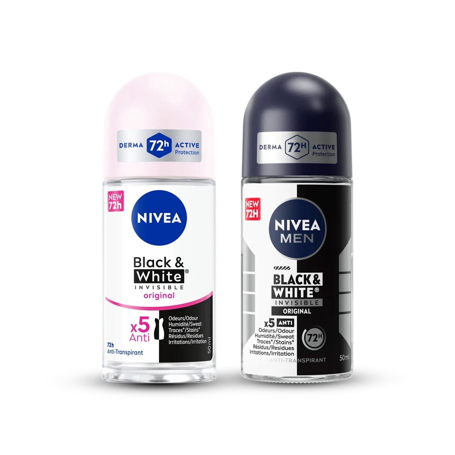 NIVEA & NIVEA MEN Déodorant Bille Black & White Invisible 72h (2 x 50 ml) - Anti-traces, Alcool Free, Protection Anti-tr