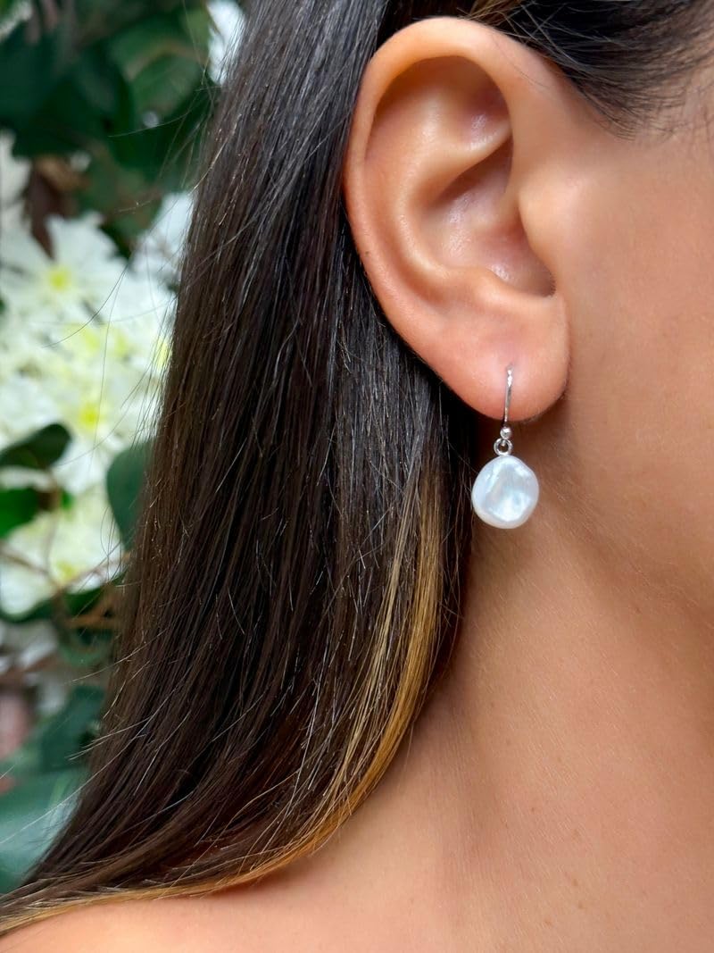 .925 Sterling Silver AAA White Freshwater Cultured Baroque Pearl 1" French Wire Dangling Drop Earrings (Choice of Size) - Image 2