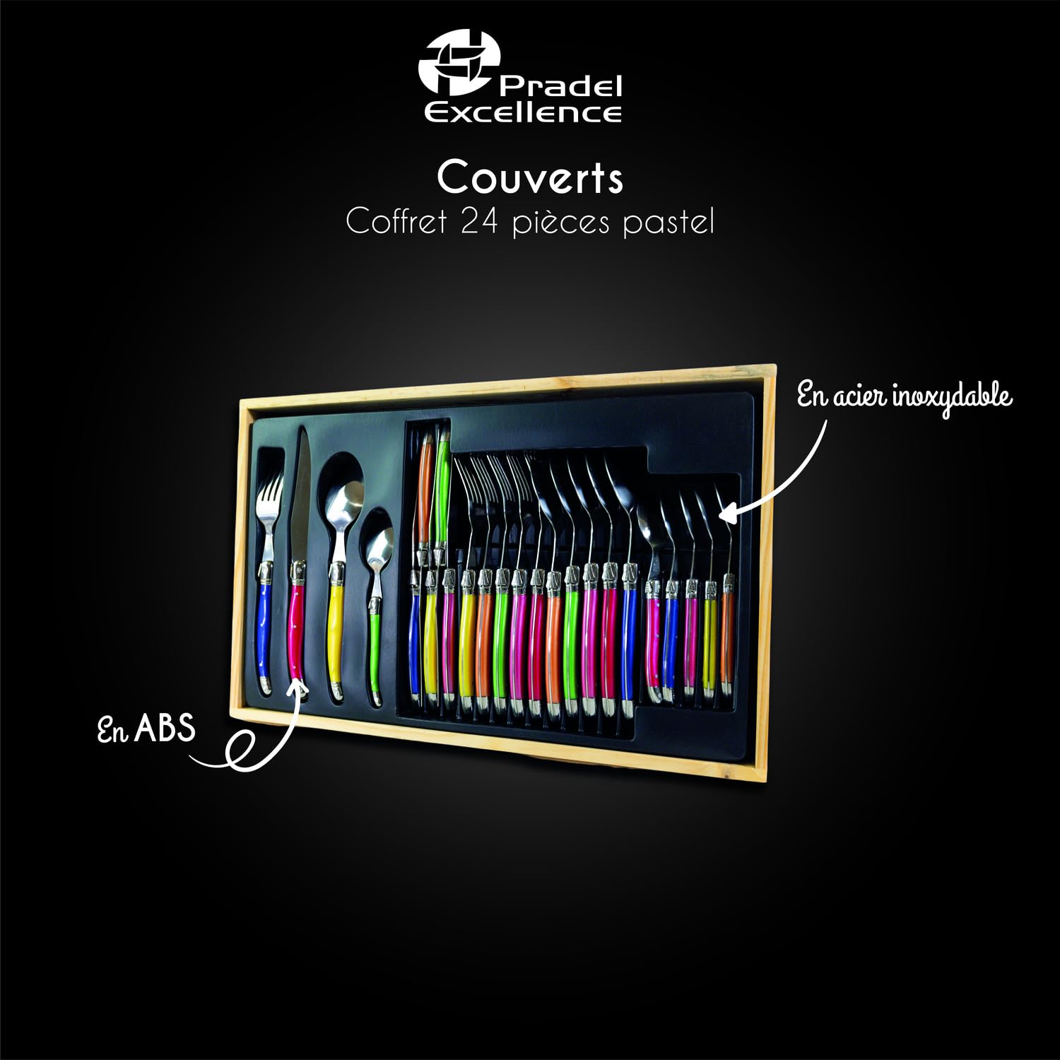 Pradel Excellence - I7214P - Ménagère Laguiole 24 Pièces - 6 Couteaux, 6 Fourchettes, 6 Cuillères à Soupe, 6 Cuillères à Café - Lames Inox - Manches ABS Pastel - Coffret Bois Élégant