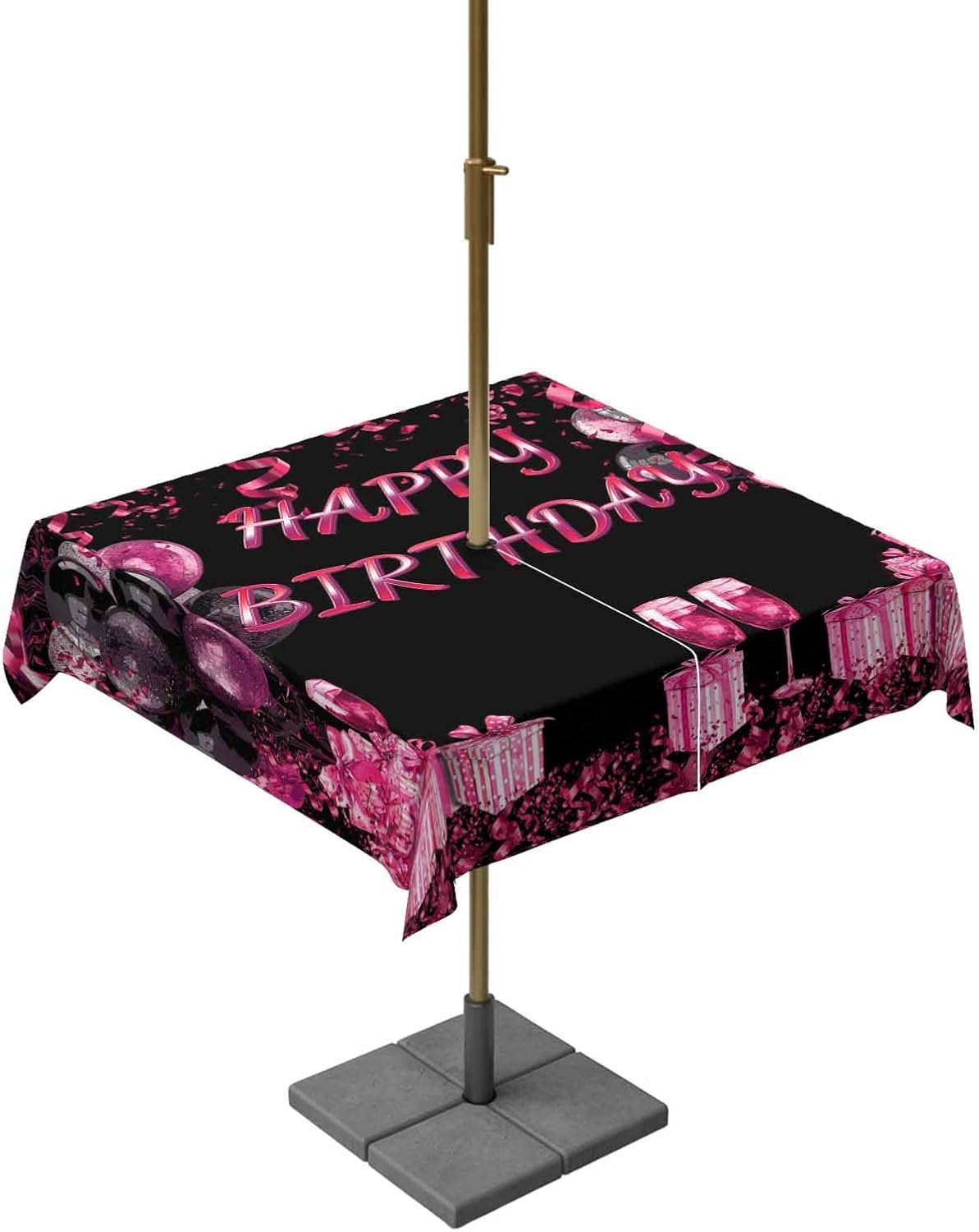 Happy Birthday Pink Outdoor Tablecloth with Umbrella Hole & Zipper, Gifts Balloons Goblet Glitter Ribbons Black Square Table Cover 54x54 Inch, Dining Waterproof Table Cloth Protector for Patio/Party