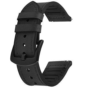 Croiky Rubber Leather Silicone Hybrid Strap with Metal Buckle Clasp Compatible for Galaxy Watch 4, Gear S2 Classic/Gear Sport and Other 20mm Width Watches - Black