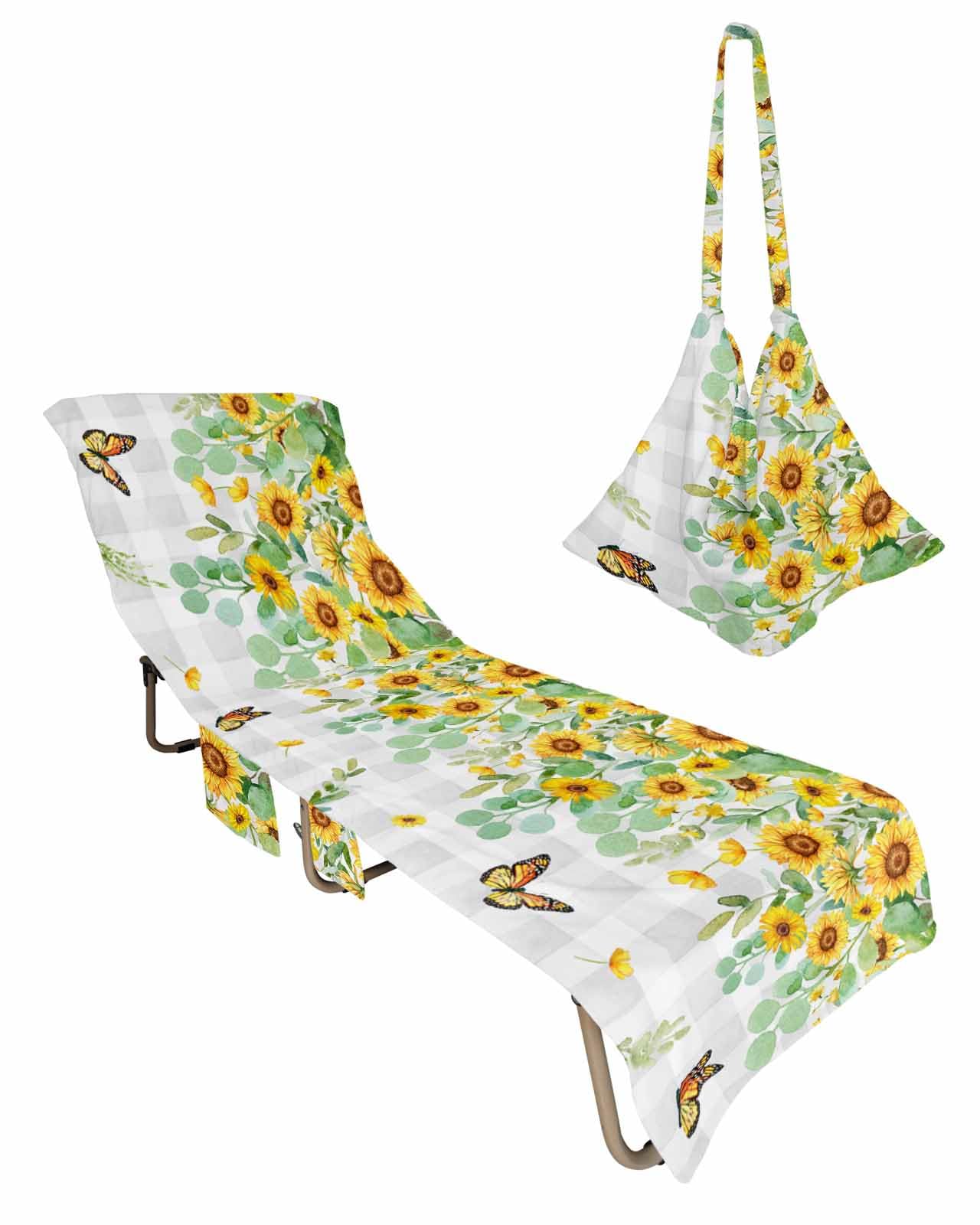 Plaid Sunflower Beach Chair Towel Covers for Chaise Lounge with Side Pocket, Soft Plush Pool Towels Cover for Patio Sunbathing Outdoor 29''x85'' Buffalo Grey Eucalyptus Weeping Leaf