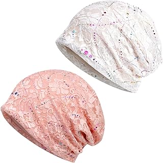 GALPADA 1pc Skull Chemo Girls Stretchy Baggy Night Slouchy Lace Breathable Hollow Patients Daily Practical Skullies Scarf Soft Women Wrap Wicking Hat Cap Cover Loss with Use Womens Sequin