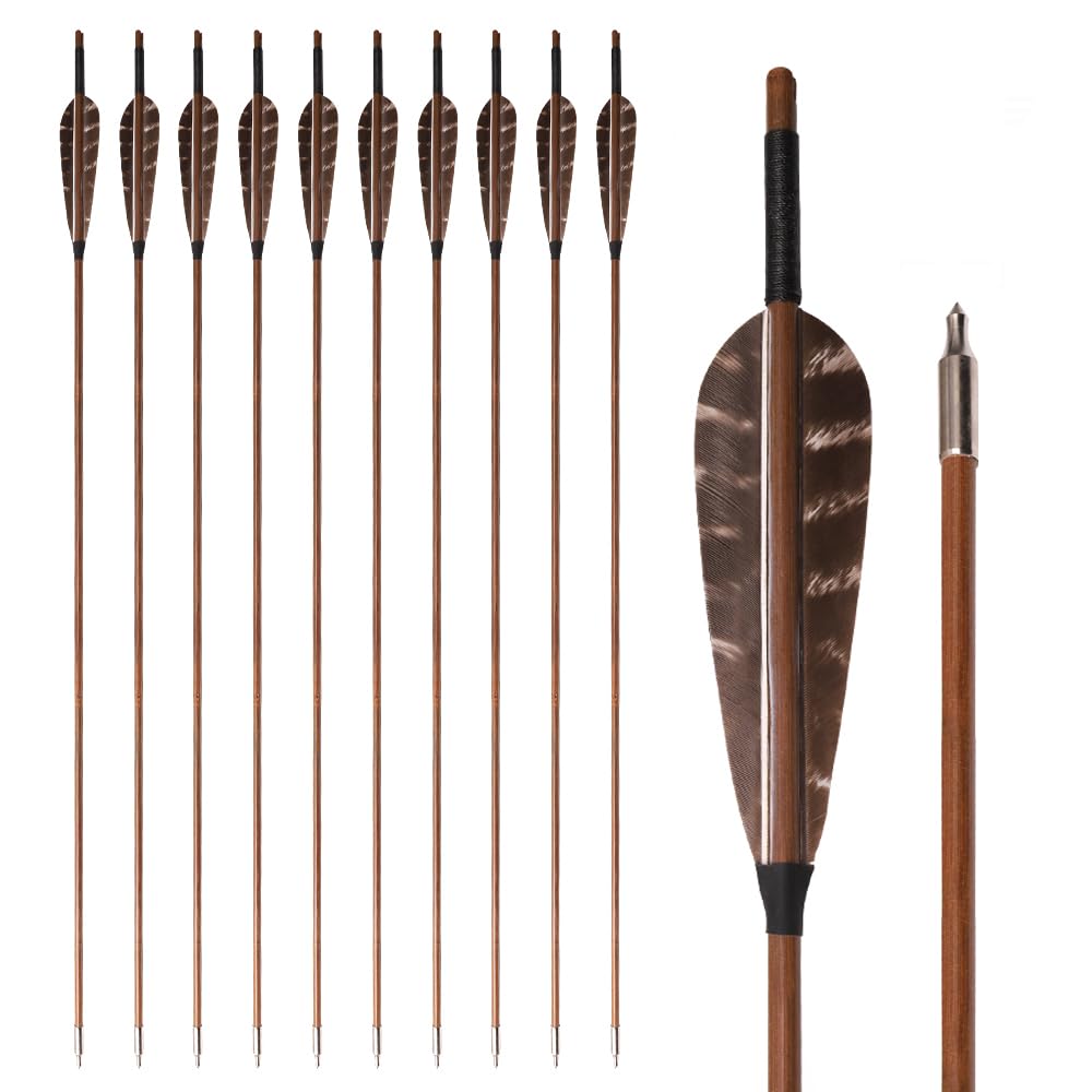 12 pz Frecce di bambù 33” Lunghezza Albero OD 7mm 8mm 5" Piuma di Tacchino Freccia de 2 Vane per Arco Ricurvo Tradizionale Arco Lungo Caccia Pratica di Tiro con L'Arco