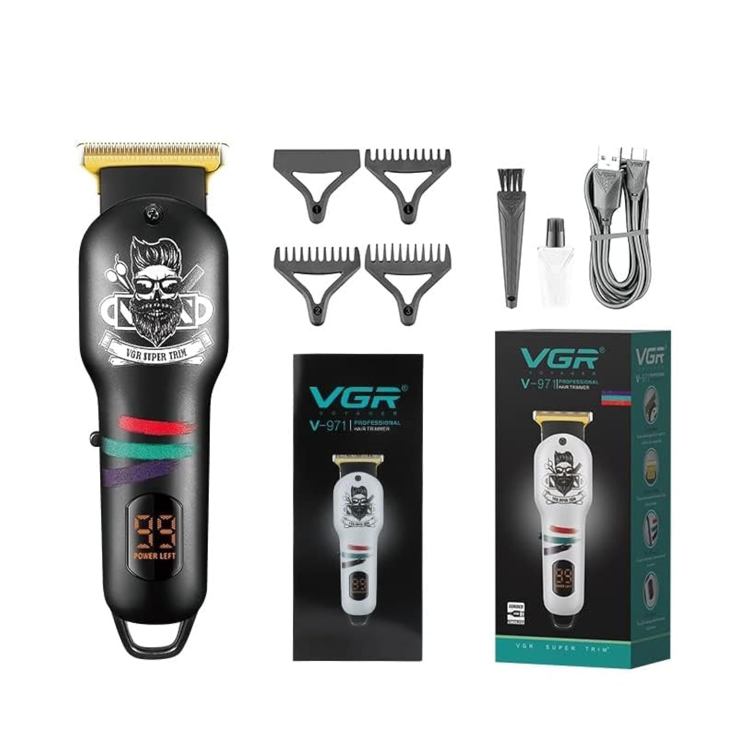 VGR V-971 Professional Rechargeable Digital Display Cordless Beard Hair Trimmer Kit with Guide Combs Brush USB Cord for Men, Family or Pets Rechargeable Li-ion Battery 120 minutes Runtime - Black