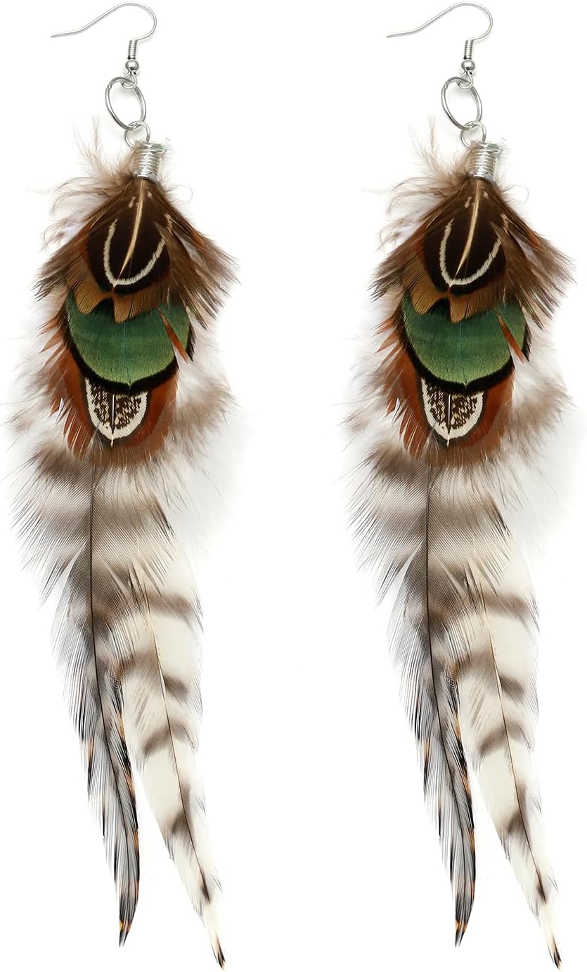 RUOFFETA Long Feather Earrings for Women, Boho Bohemian Earrings Multicolor Tassel Handmade Feather Earrings for Women Dangling