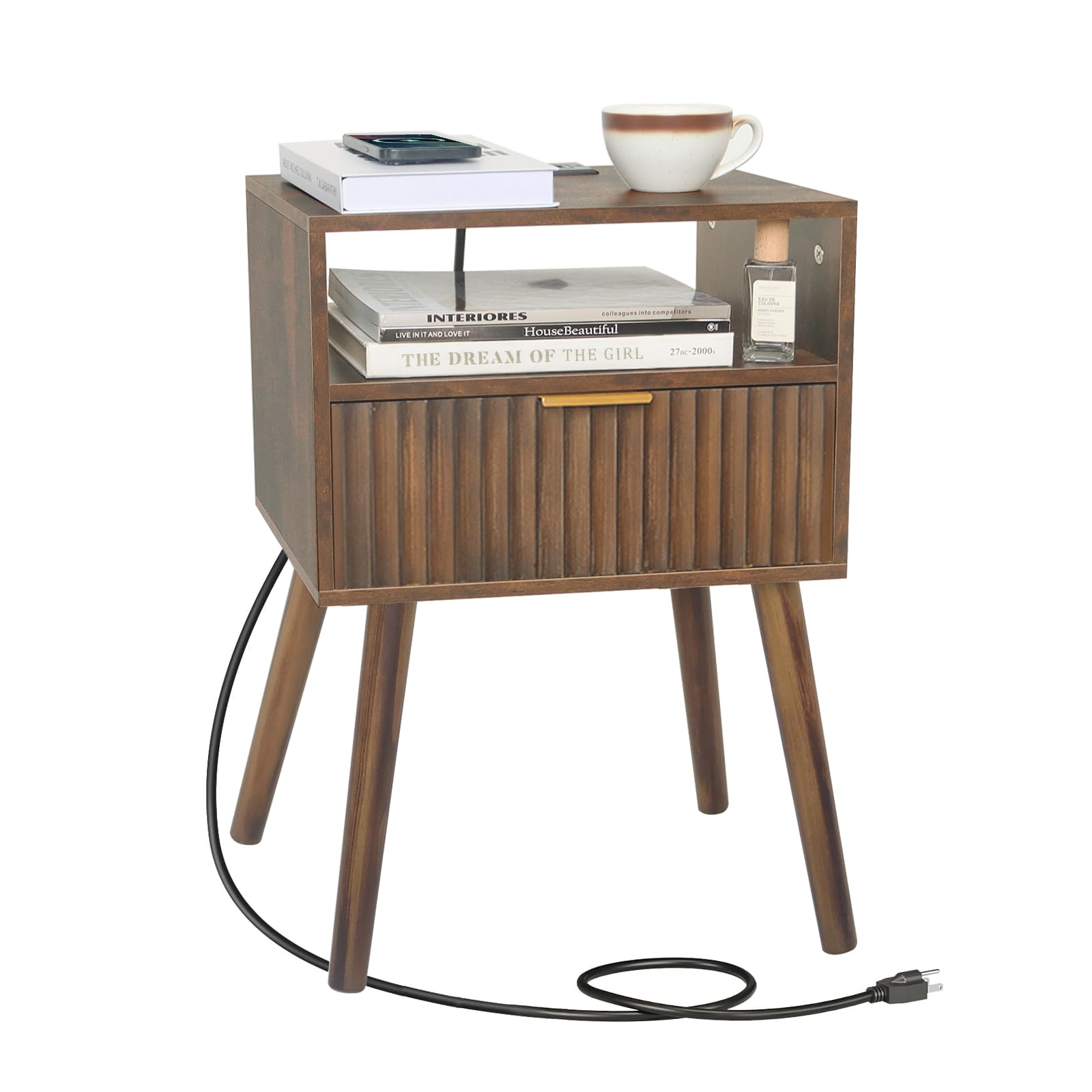 Mid Cetury Modern Nightstand with Charging Station, Fluted Bedside Table with Storage, Modern Side End Table with Solid Wood Legs for Bedroom, Dorm and Small Space (Rustic Brown)