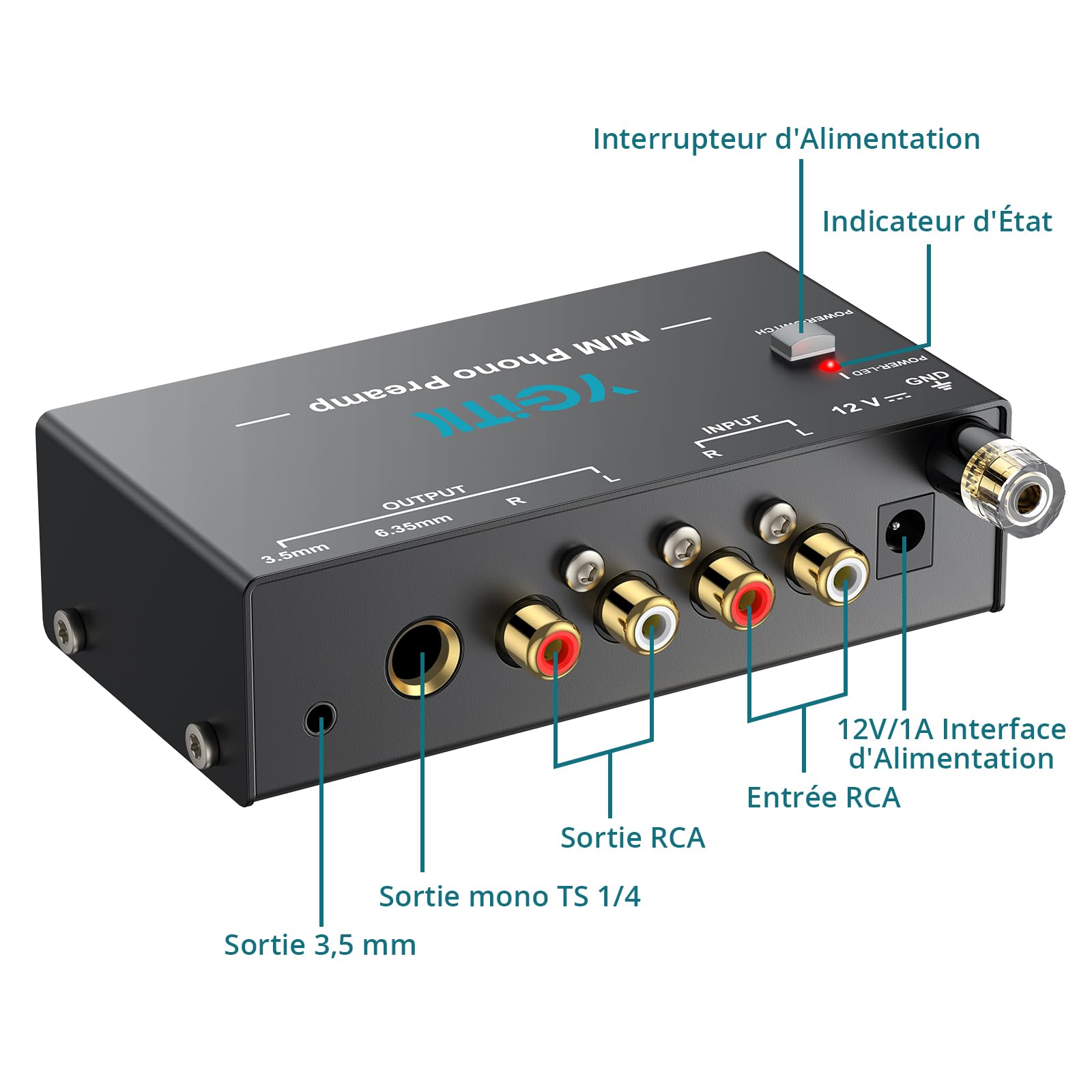 Préampli Phono Mini Préamplificateur Phono M/M avec Adaptateur DC 12V Stéréo Métal à Faible Sortie pour RCA Entrée & Sortie 1/4" TRS Préamplificateur de Tourne-Disque