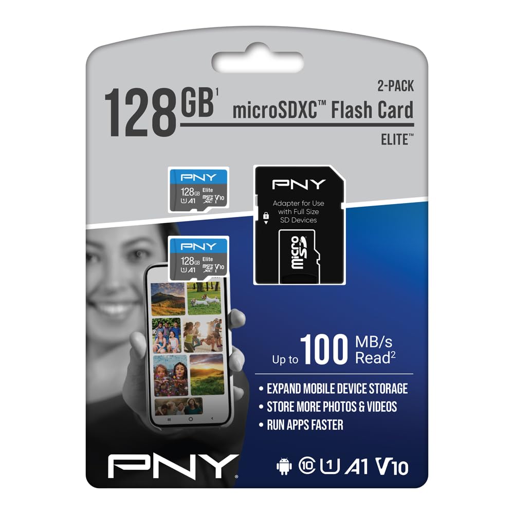 PNY Elite Lot de 2 Cartes mémoire Flash 128 Go Classe 10 U1 V10, A1 microSDXC pour appareils Mobiles – 100 Mo/s, Full HD, UHS-I, Micro SD