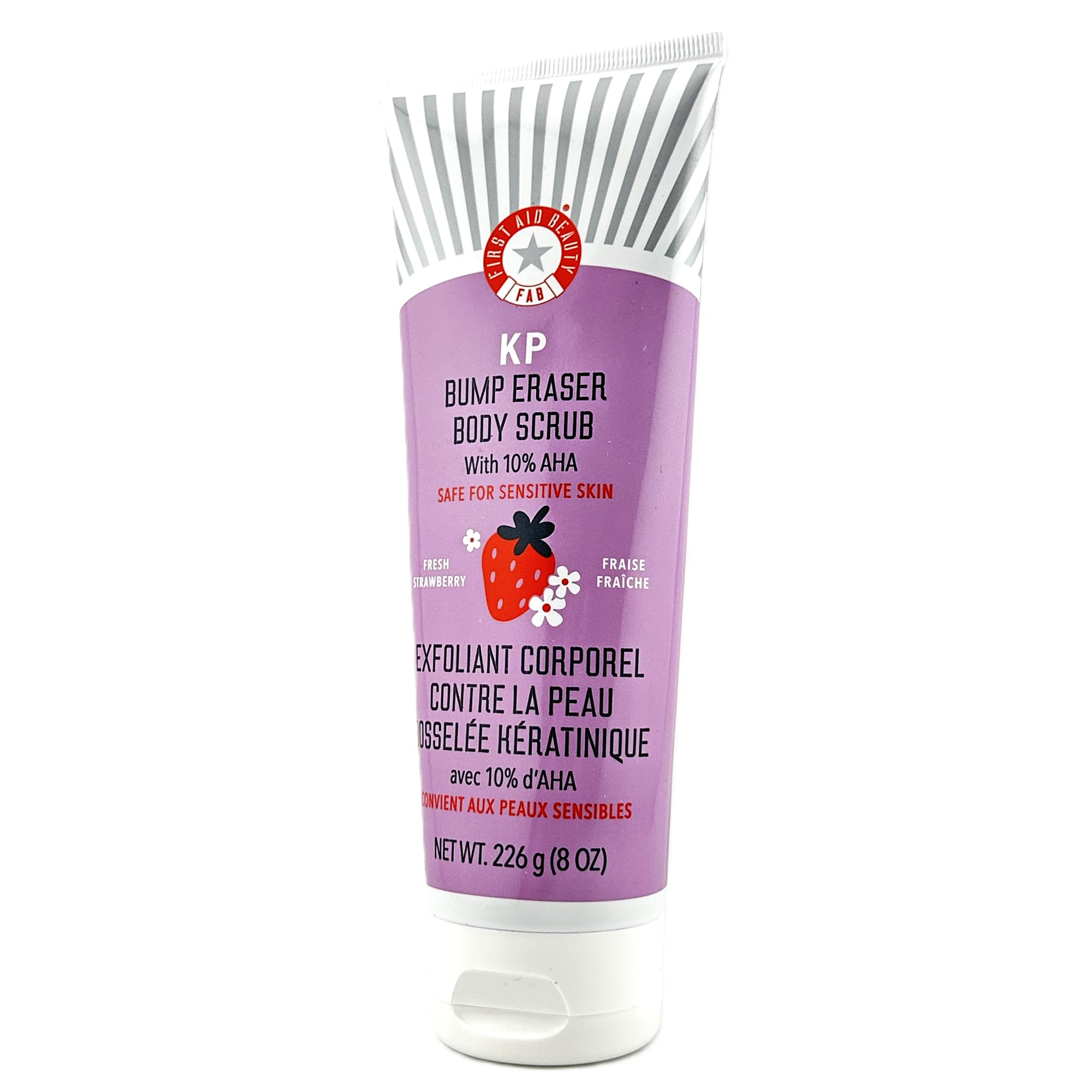 KP Bump Eraser Body Scrub with 10% AHA, Keratosis Pilaris Exfoliating Skin Cleanser with 10% Lactic Acids Glycolic, Pumice & Bisabolol, Reduces Bumps, Strawberry Scent, 8 oz