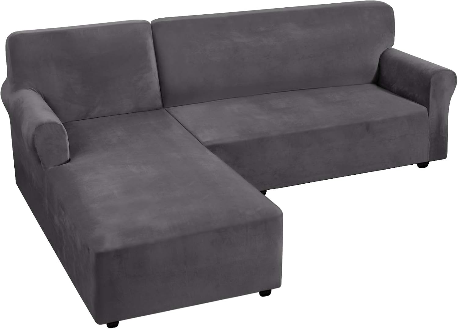 H.VERSAILTEX Thick Velvet Stretch L Shaped Sofa Cover 3-Seat Sofa Sectional Couch Cover 2 Piece Sofa Cover Plus Left Chaise Cover with Non Slip Straps, Soft, Comfy and Bouncy, Grey